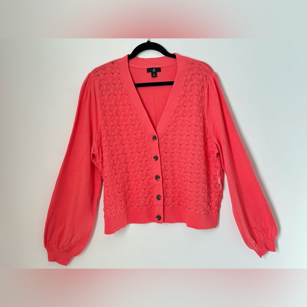 J Jason Wu Coral Pointelle Button Front Knit Cardigan Sweater Size XL New B63